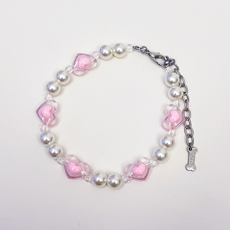 Transparent pink love beaded collar jewelry for cats, small and medium-sized dogs