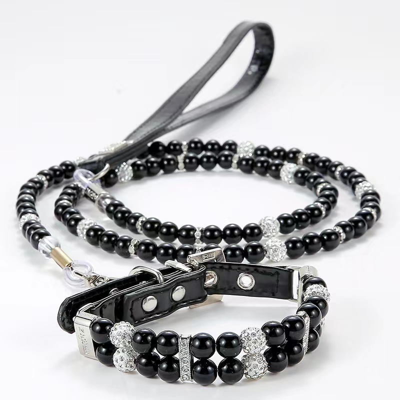 Pet Supplies Pearl Collar Leash Collar Collar Cat and Dog Necklace Small Dog Collar Leash Set