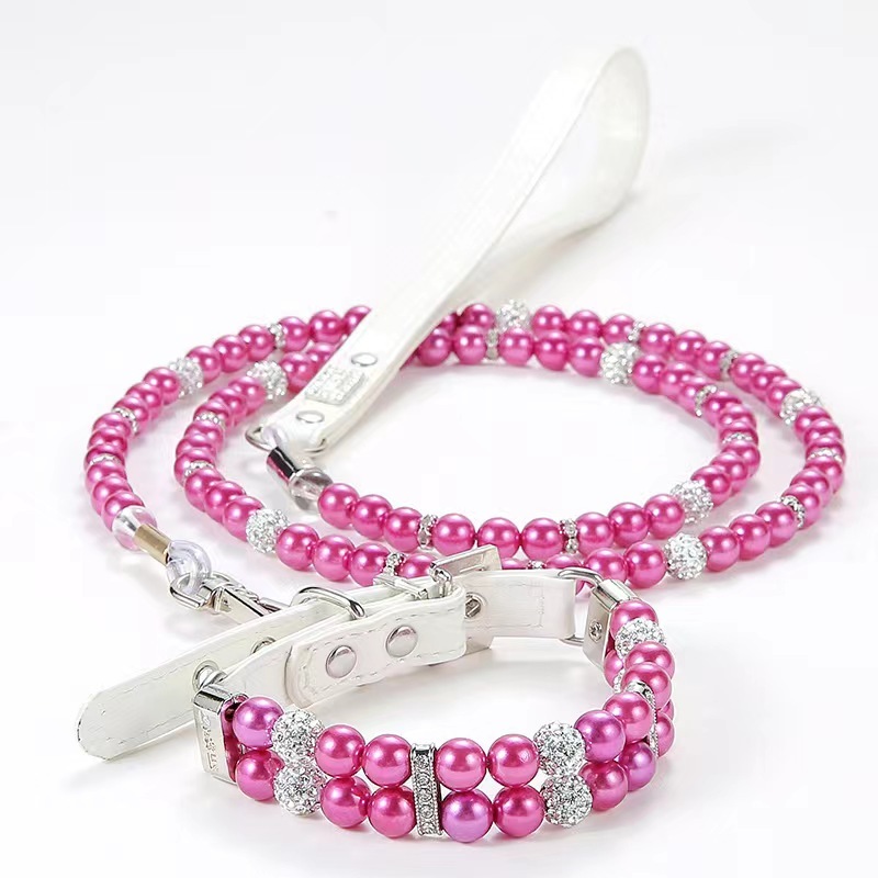 Pet Supplies Pearl Collar Leash Collar Collar Cat and Dog Necklace Small Dog Collar Leash Set