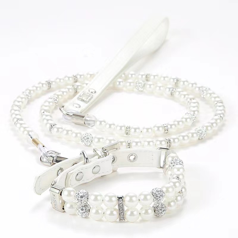 Pet Supplies Pearl Collar Leash Collar Collar Cat and Dog Necklace Small Dog Collar Leash Set