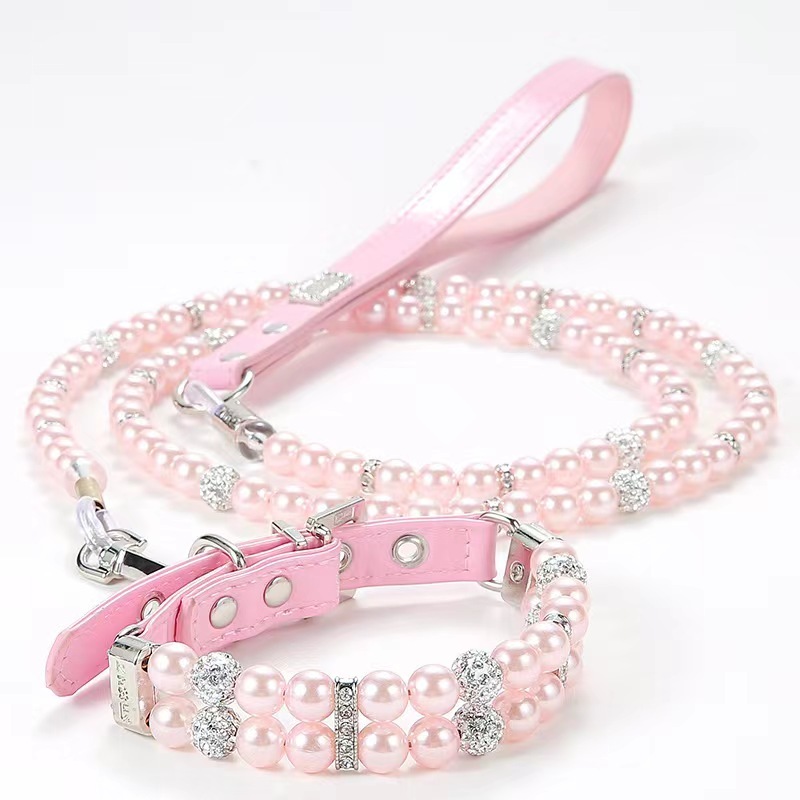 Pet Supplies Pearl Collar Leash Collar Collar Cat and Dog Necklace Small Dog Collar Leash Set