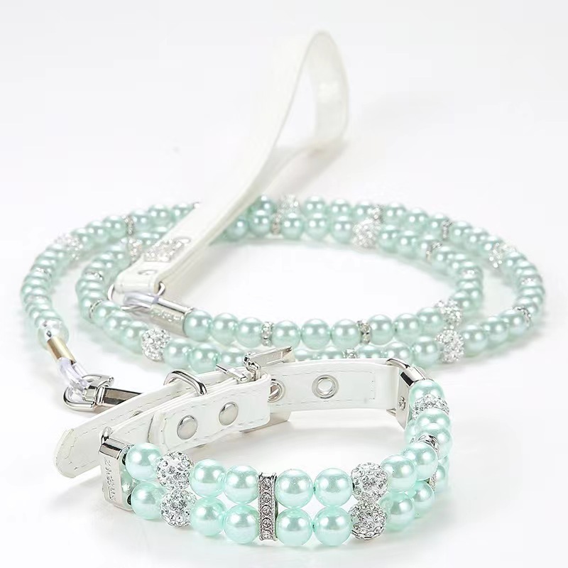 Pet Supplies Pearl Collar Leash Collar Collar Cat and Dog Necklace Small Dog Collar Leash Set