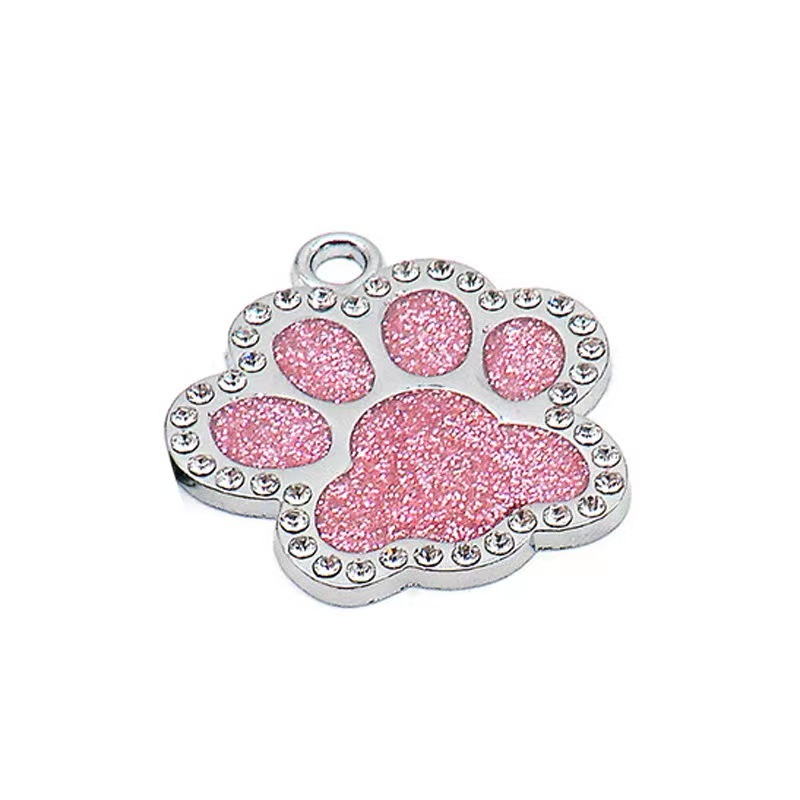 Hot Selling Lovely Paw Shape Pet Dog Tags Luxury Glitter Diamond Alloy Custom Engraving Laser ID DIY Dog Cat Name Tag
