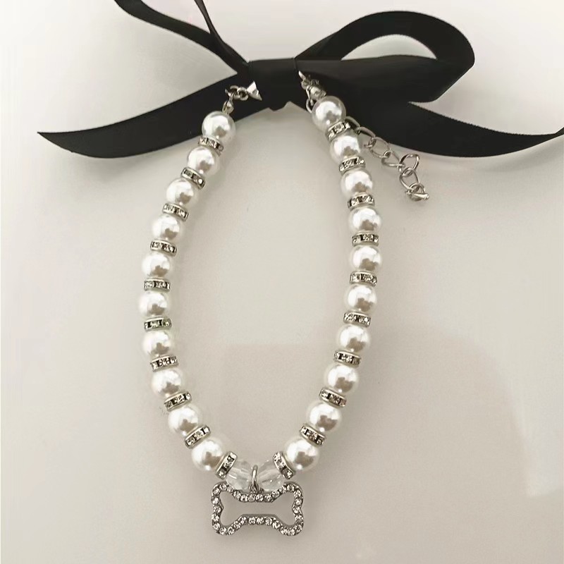 Ribbon Faux Pearl Bone Pendant Cat and Dog Ornament