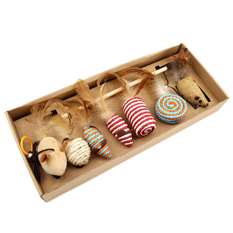 Wood Cat Toy Feather  7 pcs Set Interactive For Pets Fishing Rod Funny Mouse Paw Games Cute Linen Cats Stick Toys