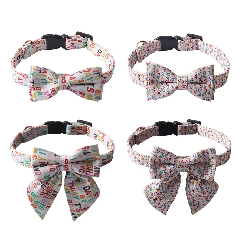 Wholesale Pet Dog Collar 2024 New Medium Small Luxury Rainbow Birthday Buckle Adjustable Bow Tie Pet Dog Collar
