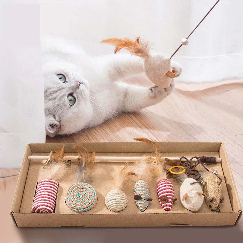 Wood Cat Toy Feather Set Interactive For Pets Fishing Rod Funny Mouse Paw Games Cute Linen Cats Stick Toys