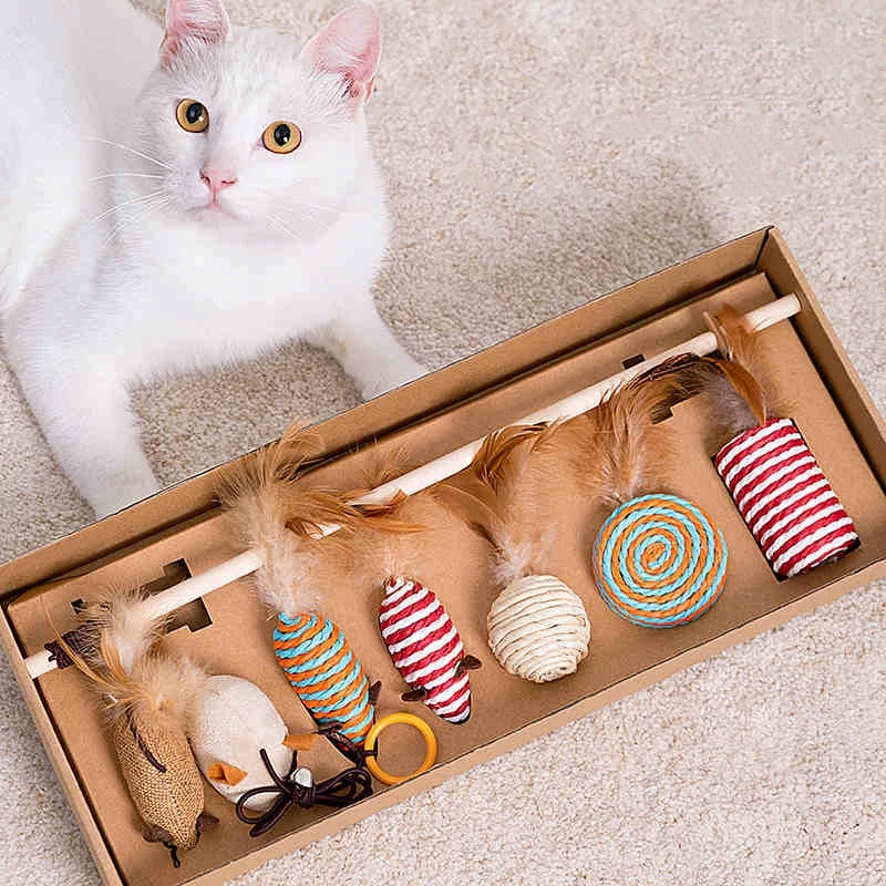 Wood Cat Toy Feather Set Interactive For Pets Fishing Rod Funny Mouse Paw Games Cute Linen Cats Stick Toys