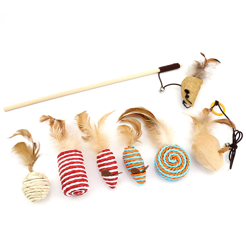 Wood Cat Toy Feather  7 pcs Set Interactive For Pets Fishing Rod Funny Mouse Paw Games Cute Linen Cats Stick Toys
