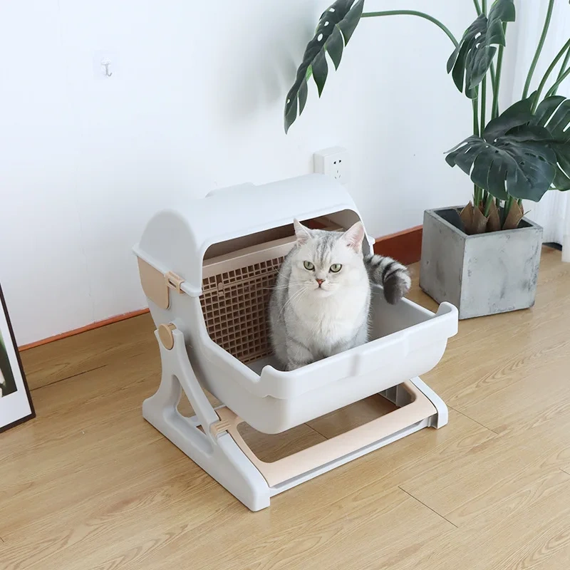 Wholesale Self Cleaning Flip Lid Cat Litter Box Large With Square Cleaning Box Semi-automatic Pet Cat Toilet