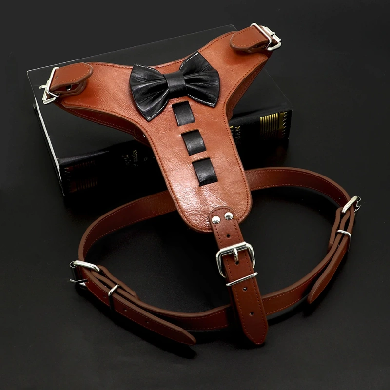 Genuine Leather Dog Harness Real Leather Dogs Training Vest With Cute Bowknot Adjustable Durable for Medium Large Pitbull