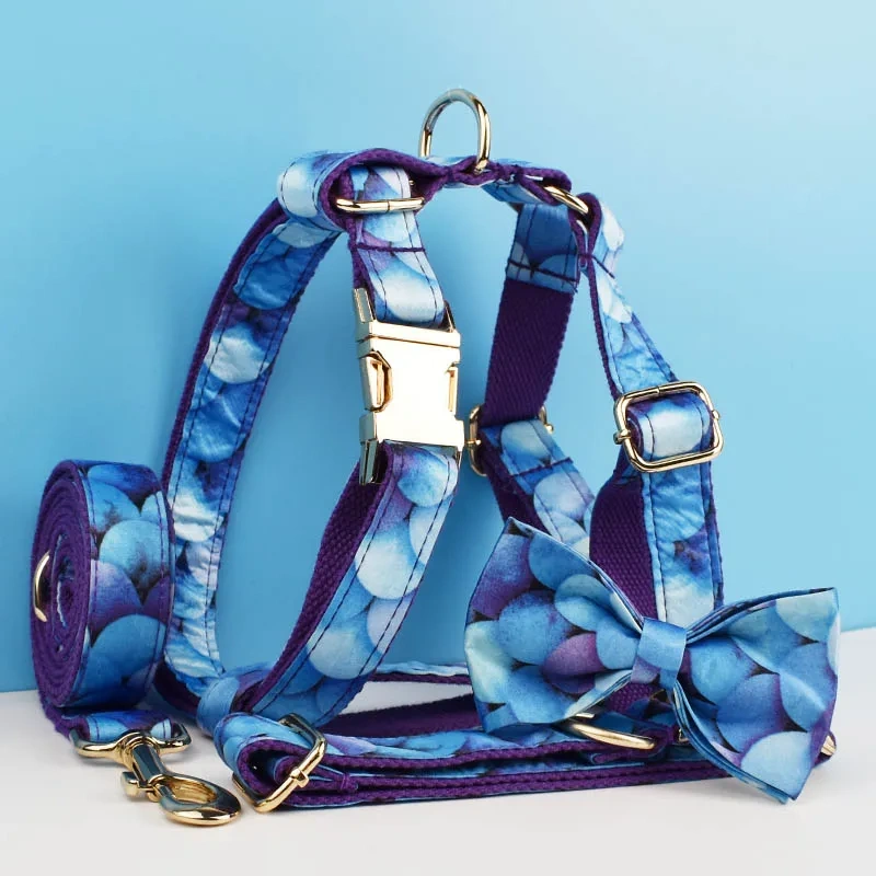 High Quality Pet Accessories Customized Designer Purple Personalized Cotton Dog Collar Leashes Printing Dog Harness  Animal 04