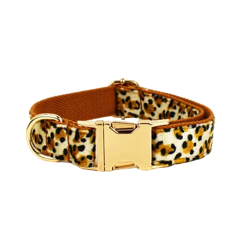New Arrival Customized Designer Logo Leopard Print on Brown Base Soft Cotton Dog Collar Leashes Harness Poo Bag Holder Animal 01