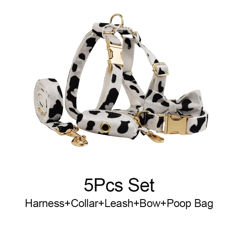 New Arrival Customized Designer Logo Gray lattice  on  Soft Cotton Dog Collar Leashes Harness Poo Bag Holder Bow  Set Animal