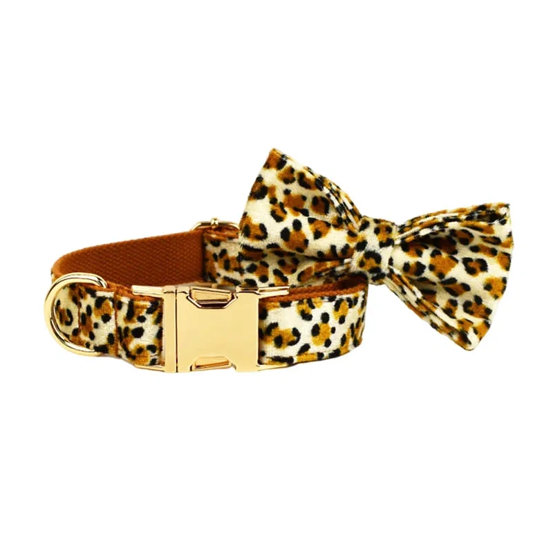 New Arrival Customized Designer Logo Leopard Print on Brown Base Soft Cotton Dog Collar Leashes Harness Poo Bag Holder Animal 01