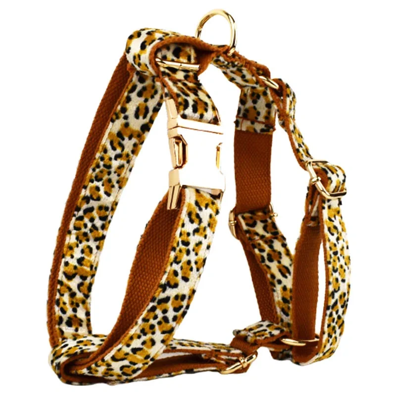 New Arrival Customized Designer Logo Leopard Print on Brown Base Soft Cotton Dog Collar Leashes Harness Poo Bag Holder Animal 01