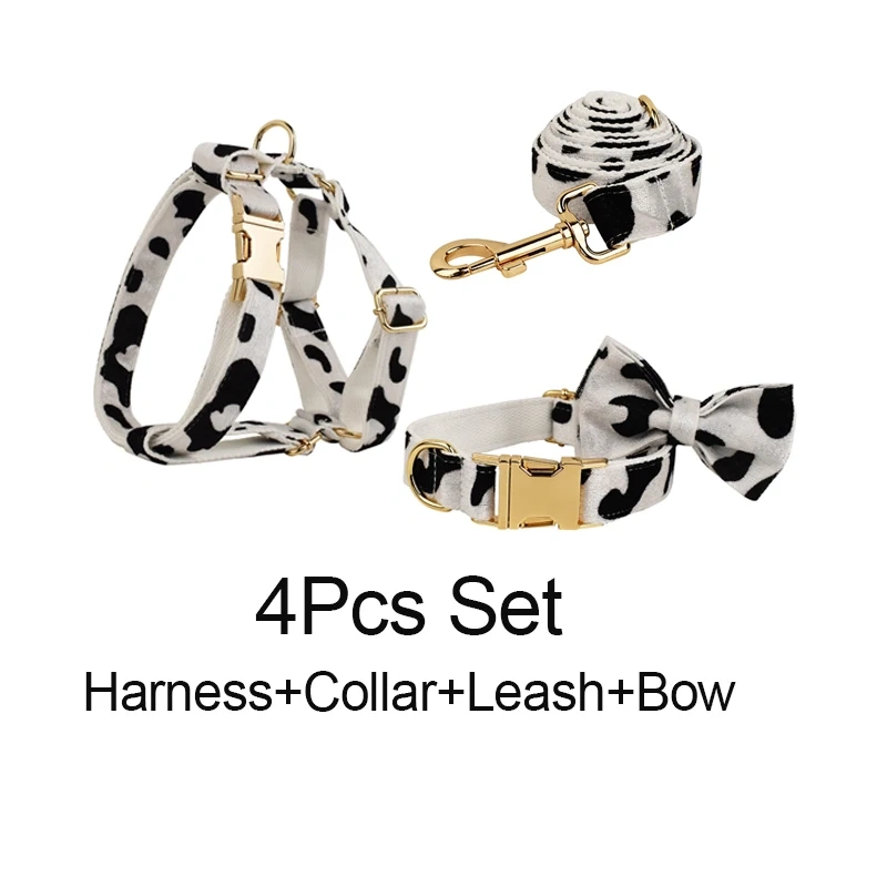 New Arrival Customized Designer Logo Gray lattice  on  Soft Cotton Dog Collar Leashes Harness Poo Bag Holder Bow  Set Animal