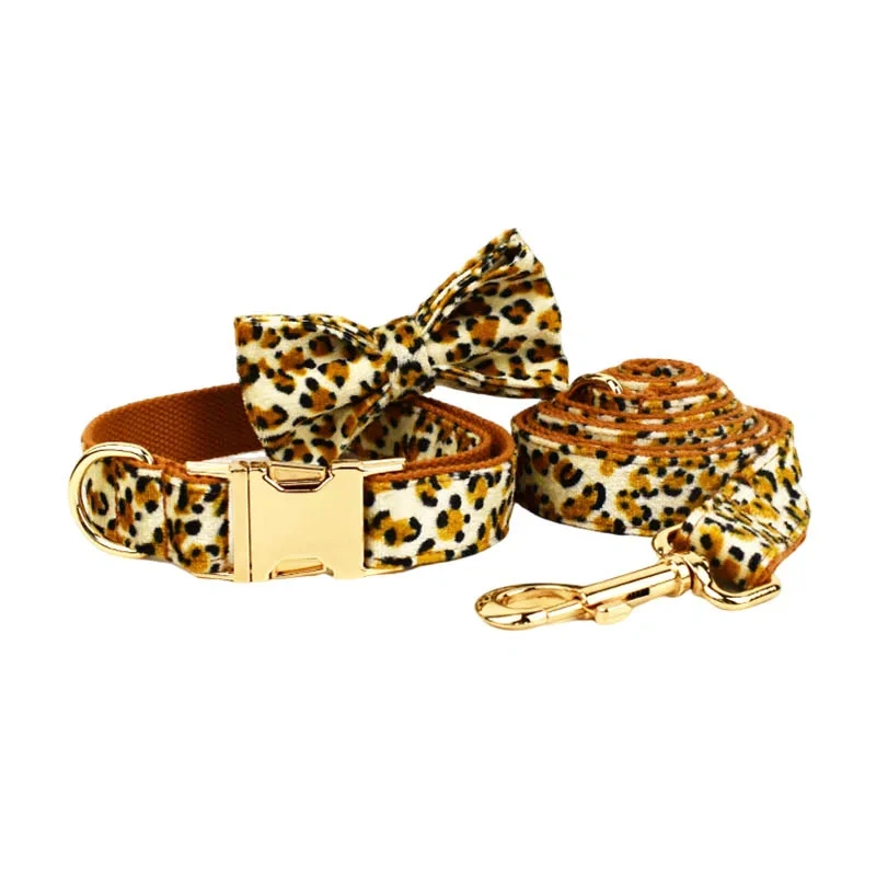 New Arrival Customized Designer Logo Leopard Print on Brown Base Soft Cotton Dog Collar Leashes Harness Poo Bag Holder Animal 01