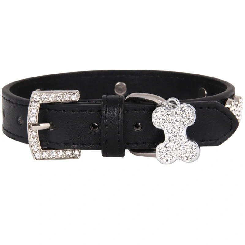 Cats Dogs Collar Leather Adjustable Decoration Bling Dog Bone Pendant Necklace Pet Collar with Rhinestones Pet Accessories Stuff