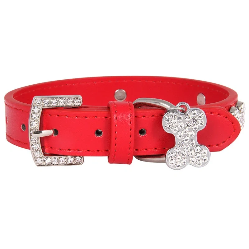 Cats Dogs Collar Leather Adjustable Decoration Bling Dog Bone Pendant Necklace Pet Collar with Rhinestones Pet Accessories Stuff