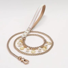 Luxury Pet Dog Pearls Collar and Leash Pearls Puppy Necklace Leather Pearl Leash with Crystal Rhinestone  Small Dog Accessories