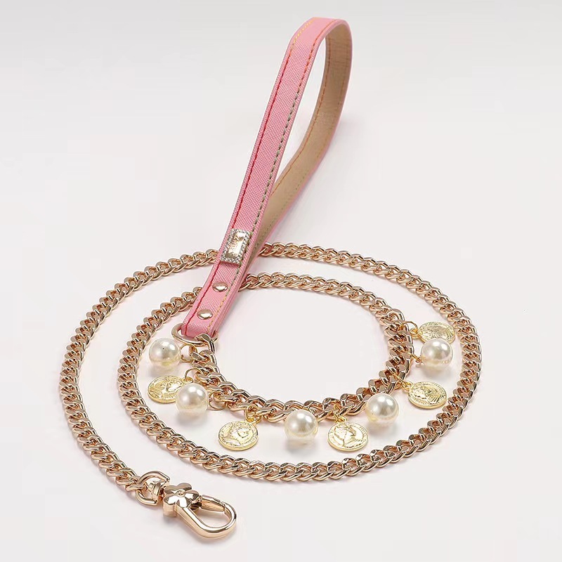 Luxury Pet Dog Pearls Collar and Leash Pearls Puppy Necklace Leather Pearl Leash with Crystal Rhinestone  Small Dog Accessories
