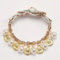 Luxury Pet Dog Pearls Collar and Leash Pearls Puppy Necklace Leather Pearl Leash with Crystal Rhinestone  Small Dog Accessories