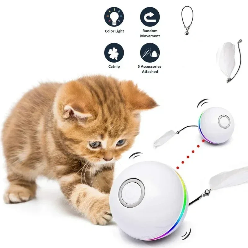 Automatic Cat Interactive Ball Smart Cat Catnip Toys with Feather Bell USB Rechargeable Self Rotating Led Pet Toy for Kitten