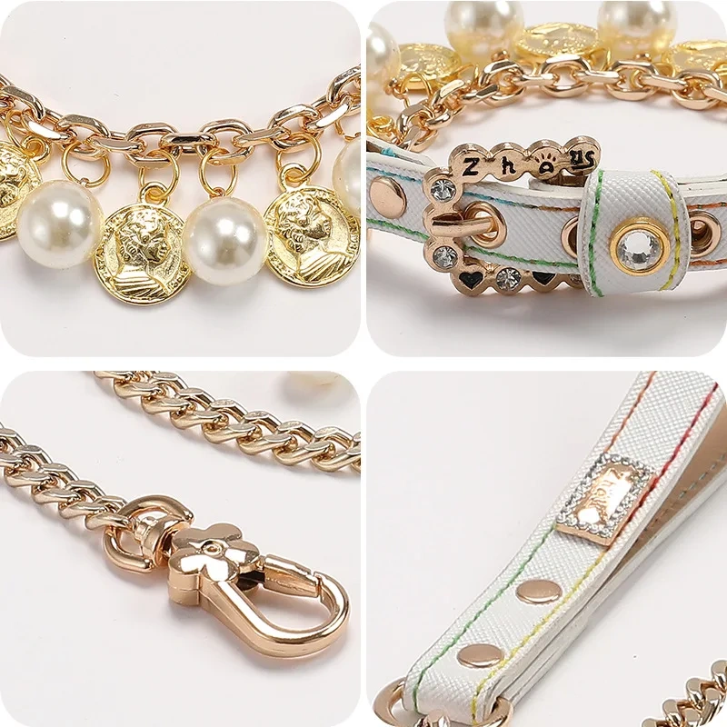 Luxury Pet Dog Pearls Collar and Leash Pearls Puppy Necklace Leather Pearl Leash with Crystal Rhinestone  Small Dog Accessories
