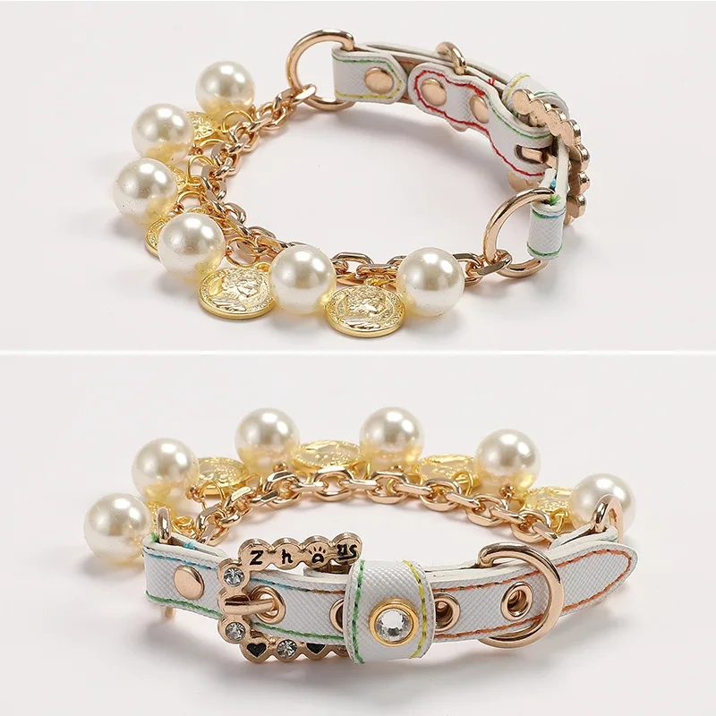 Luxury Pet Dog Pearls Collar and Leash Pearls Puppy Necklace Leather Pearl Leash with Crystal Rhinestone  Small Dog Accessories