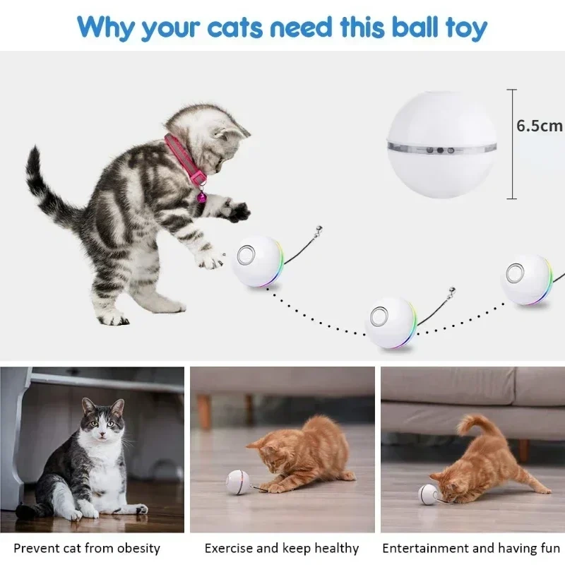 Automatic Cat Interactive Ball Smart Cat Catnip Toys with Feather Bell USB Rechargeable Self Rotating Led Pet Toy for Kitten