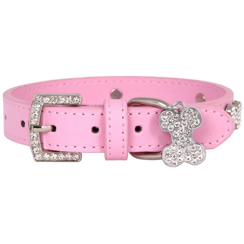 Cats Dogs Collar Leather Adjustable Decoration Bling Dog Bone Pendant Necklace Pet Collar with Rhinestones Pet Accessories Stuff