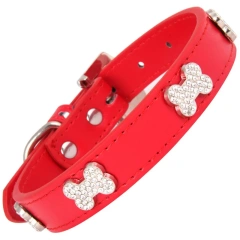 Cats Dogs Collar Leather Adjustable Decoration Bling Dog Bone Pendant Necklace Pet Collar with Rhinestones Pet Accessories Stuff