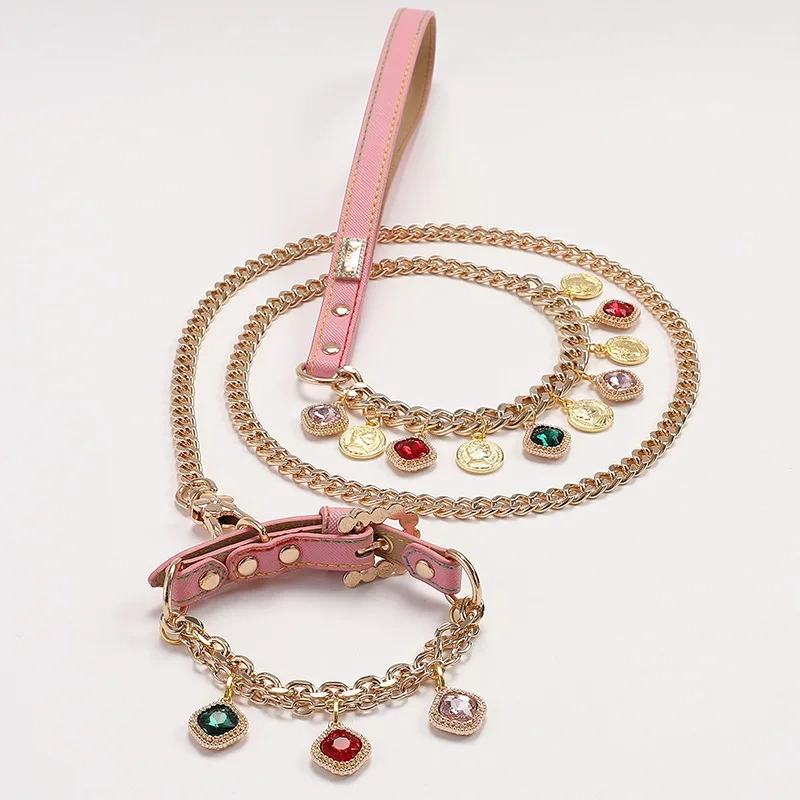 Luxury Rhinestone Pet Collar With PU Leather Dog Metal Collar Leash Set for Cats Small Dogs Pet Accessories Pet Supplies