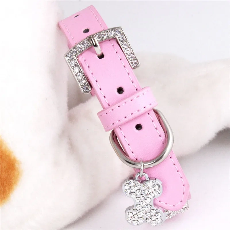 Cats Dogs Collar Leather Adjustable Decoration Bling Dog Bone Pendant Necklace Pet Collar with Rhinestones Pet Accessories Stuff