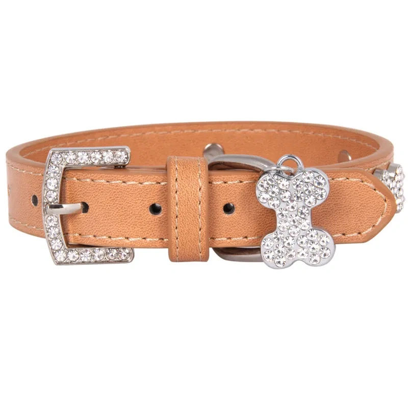 Cats Dogs Collar Leather Adjustable Decoration Bling Dog Bone Pendant Necklace Pet Collar with Rhinestones Pet Accessories Stuff