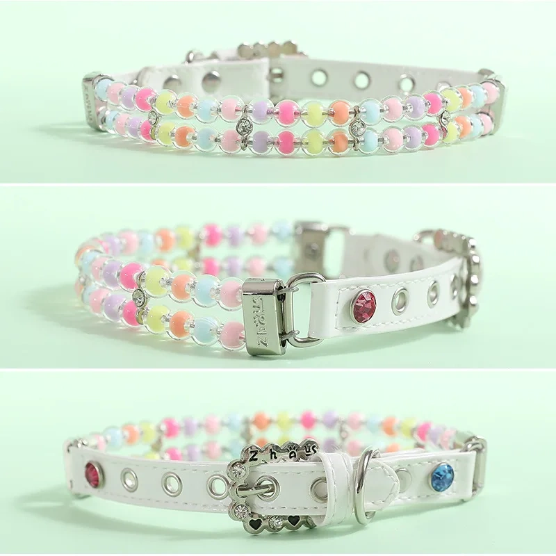 New Colorful Pet Beads Collar and Leash Set For Small Dogs Cats Wirerope Pet Leash Beads Dog Collar PU Leather Pet Accessories