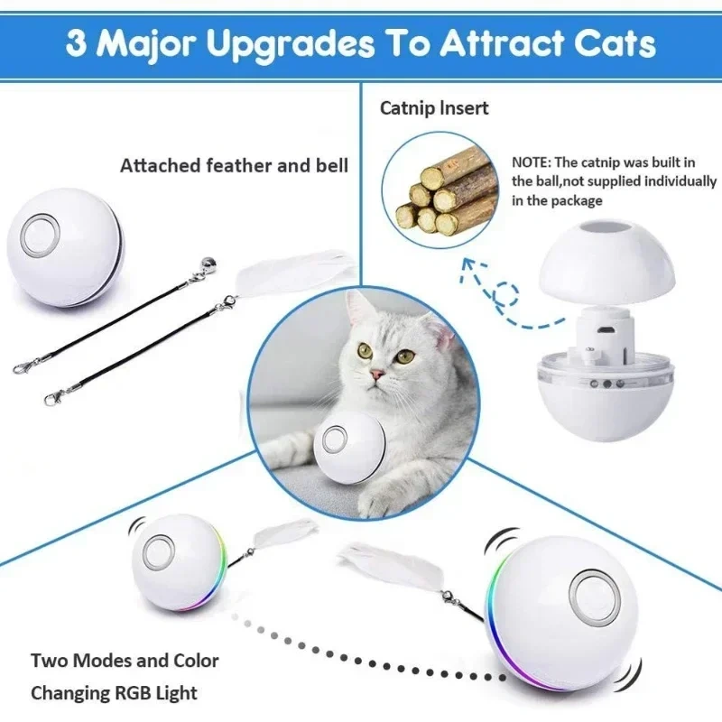 Automatic Cat Interactive Ball Smart Cat Catnip Toys with Feather Bell USB Rechargeable Self Rotating Led Pet Toy for Kitten