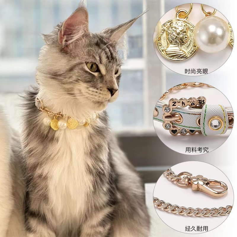 Luxury Pet Dog Pearls Collar and Leash Pearls Puppy Necklace Leather Pearl Leash with Crystal Rhinestone  Small Dog Accessories