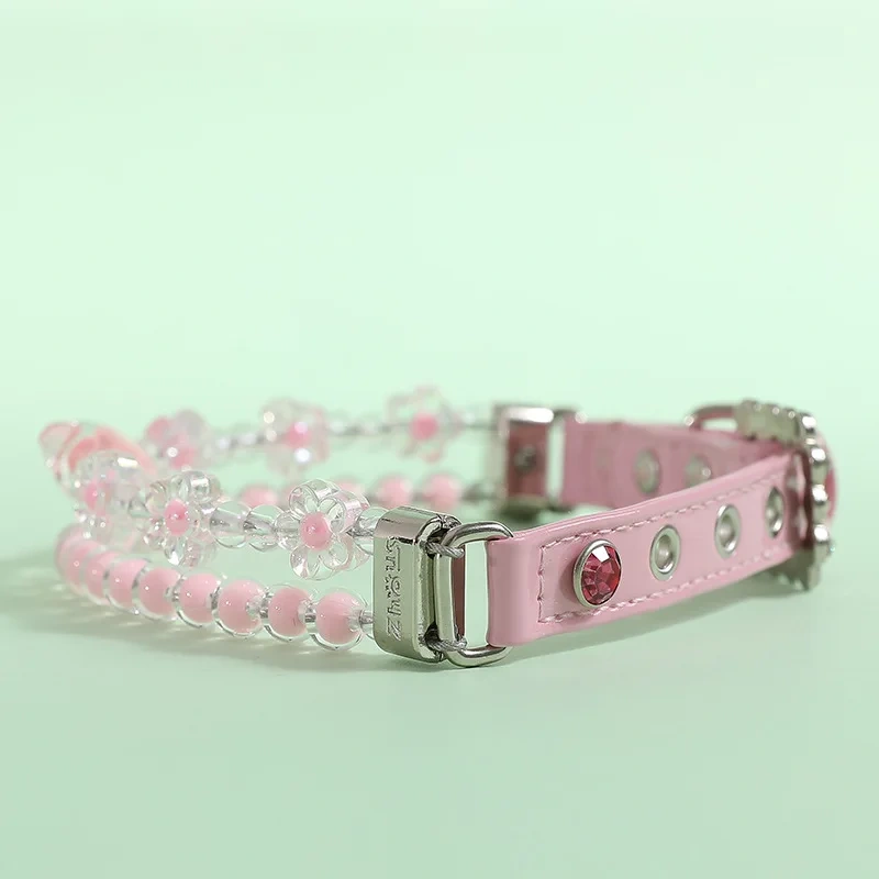 Pet Beads Collar With PU Leather Pink Dog Leash Built in Wire Rope Durable Dog Collar Leash Set for Cats Small Dogs Pet Accessor