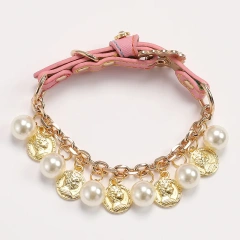 Luxury Pet Dog Pearls Collar and Leash Pearls Puppy Necklace Leather Pearl Leash with Crystal Rhinestone  Small Dog Accessories
