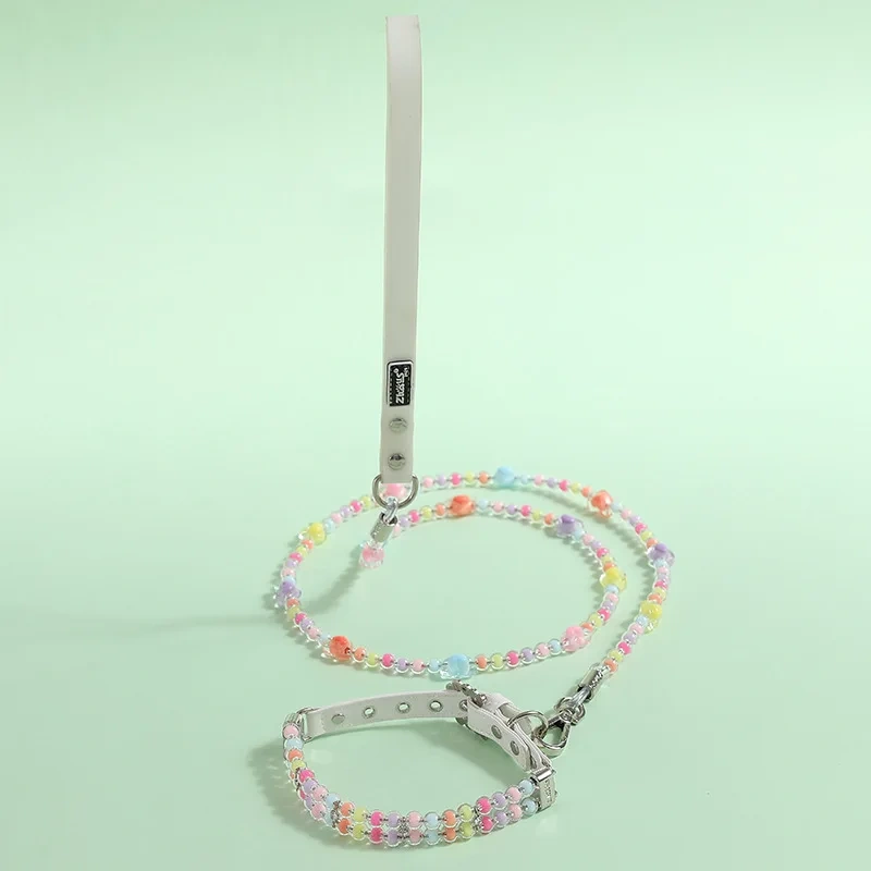 New Colorful Pet Beads Collar and Leash Set For Small Dogs Cats Wirerope Pet Leash Beads Dog Collar PU Leather Pet Accessories