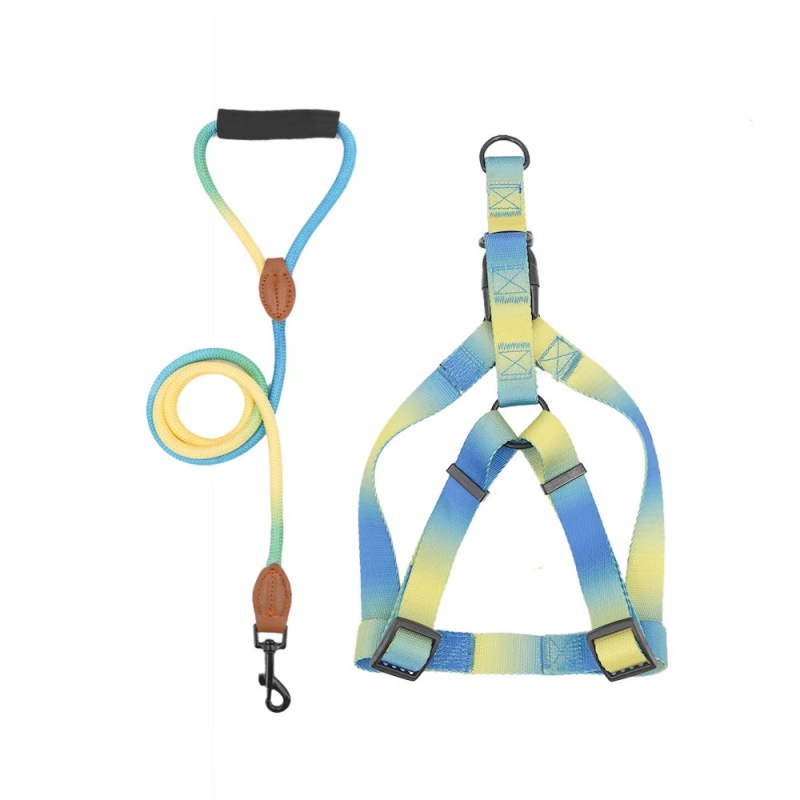 A set of colorful pet harness with leash and dog leash for indoor and outdoor use