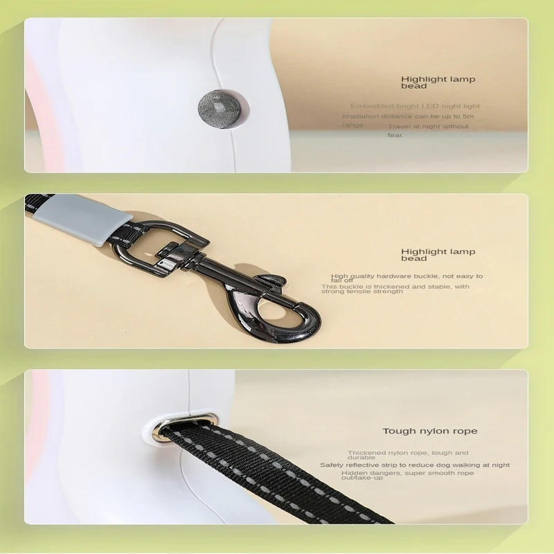LED retractable dog leash, reflective flashlight, one-button brake, suitable for small and medium-sized dog walking leash