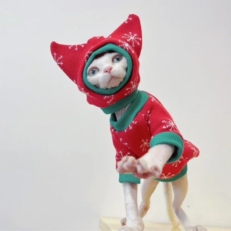 Handmade Christmas Sphynx Cat hat Warm Snow Suit for Hairless Cat Winter Coat Fleece Jacket for Devon Rex Pet Supplier