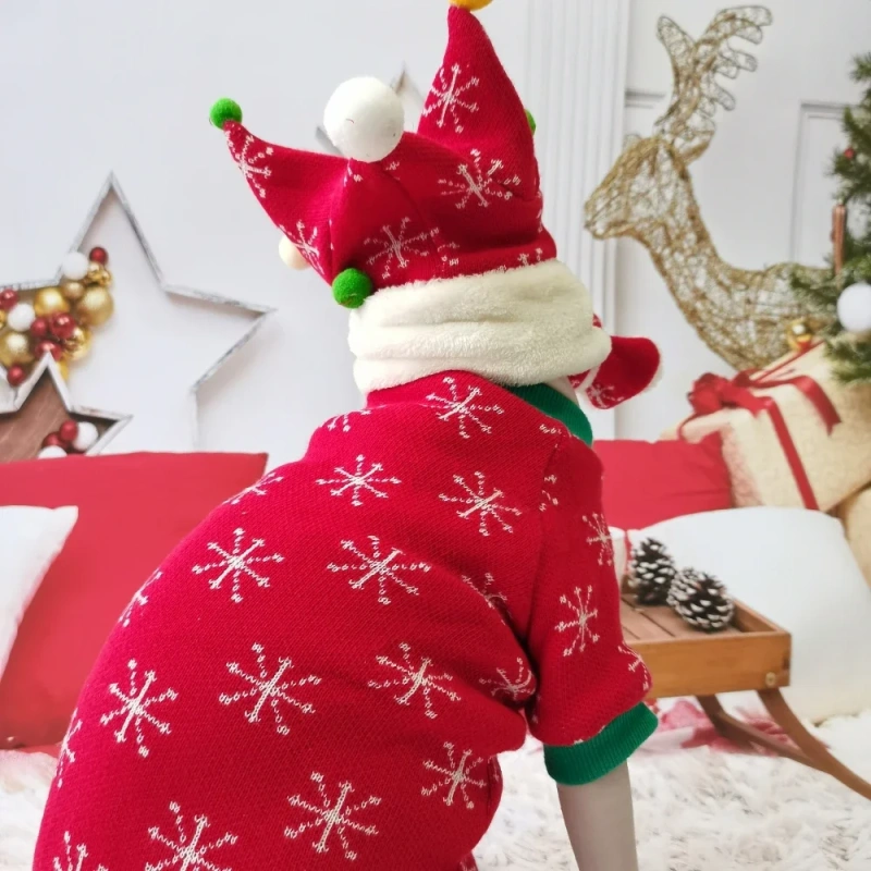 Handmade Christmas Sphynx Cat hat Warm Snow Suit for Hairless Cat Winter Coat Fleece Jacket for Devon Rex Pet Supplier