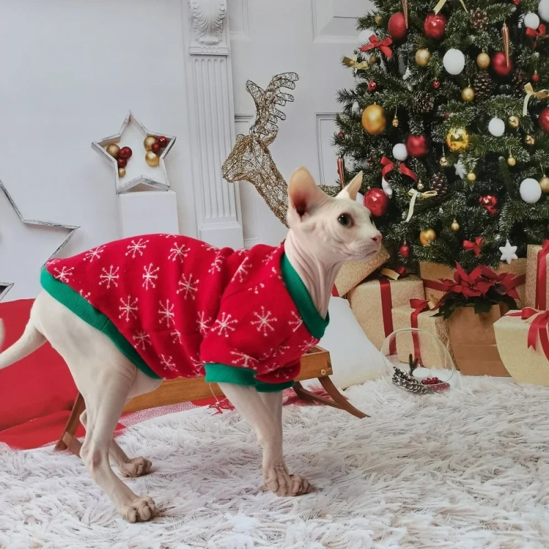 Handmade Christmas Sphynx Cat hat Warm Snow Suit for Hairless Cat Winter Coat Fleece Jacket for Devon Rex Pet Supplier