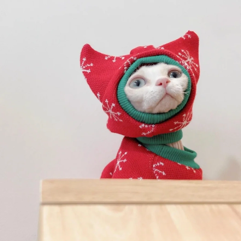 Handmade Christmas Sphynx Cat hat Warm Snow Suit for Hairless Cat Winter Coat Fleece Jacket for Devon Rex Pet Supplier