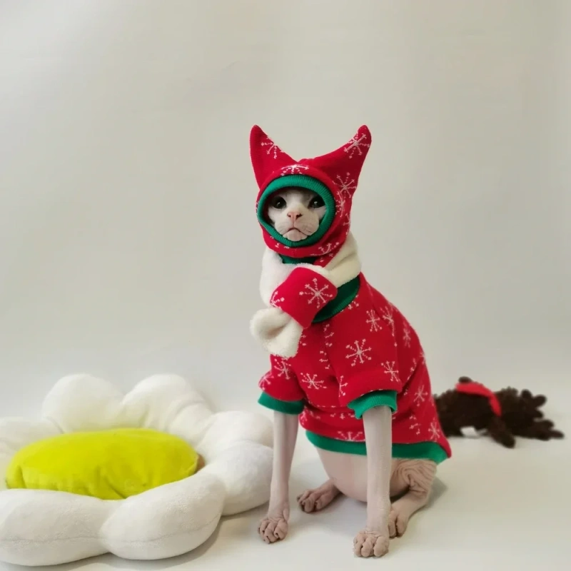 Handmade Christmas Sphynx Cat hat Warm Snow Suit for Hairless Cat Winter Coat Fleece Jacket for Devon Rex Pet Supplier