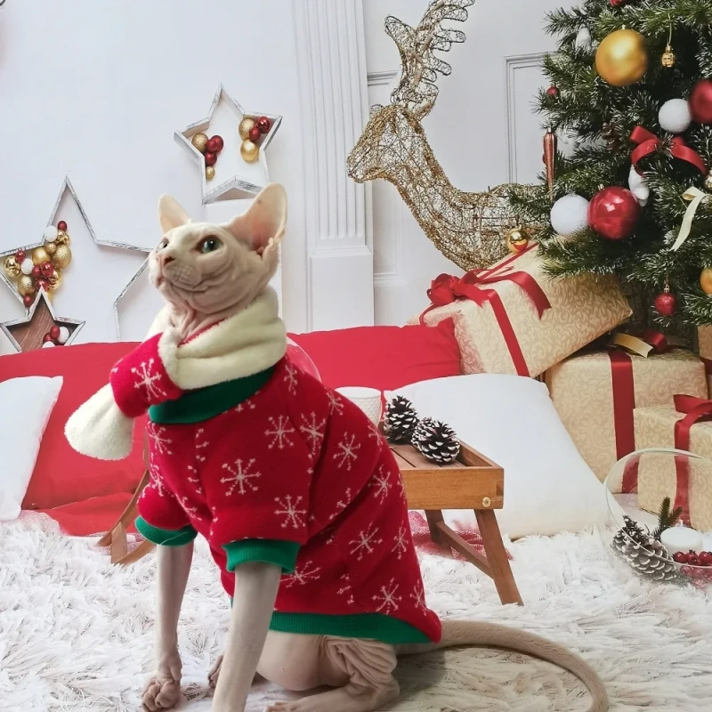 Handmade Christmas Sphynx Cat hat Warm Snow Suit for Hairless Cat Winter Coat Fleece Jacket for Devon Rex Pet Supplier